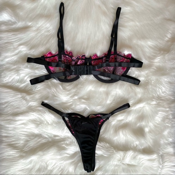 🌺 NWOT Size M Floral Embroidered Mesh Lingerie Set Underwire Bra + Thong - Picture 4 of 8
